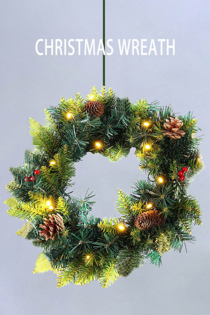 HCW30-80RL-C-15LED,12 Inches Pine Needle Mixed PVC Decorative Wreath With 15led Lights